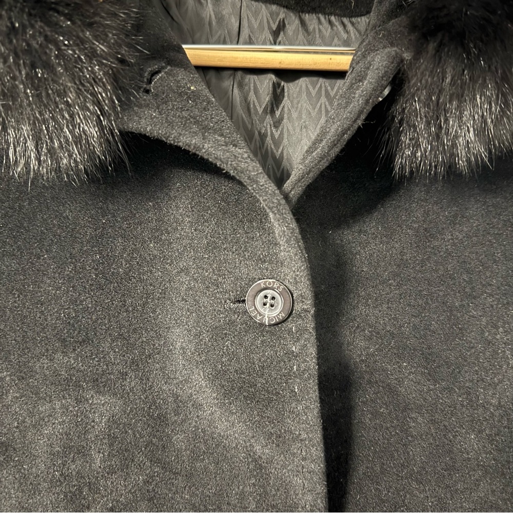 MICHAEL Michael Kors Black Wool Angora Blend Coat Real Fur Collar Women’s 10 - Picture 4 of 13